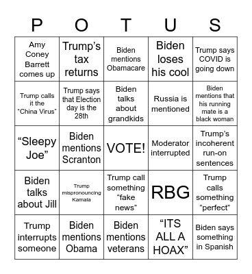 Debate Night Bingo Card