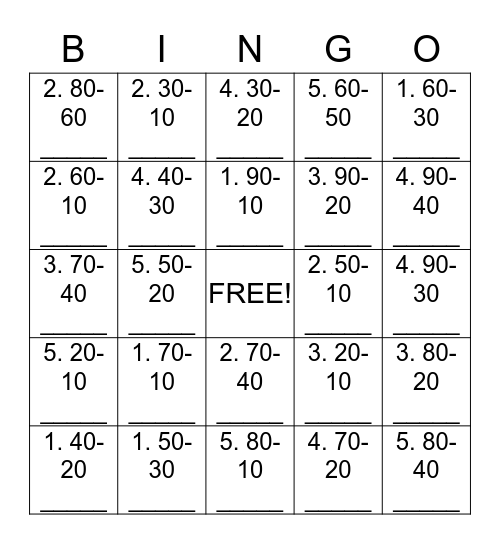 Subtracting Multiples of 10 (Side 1) Bingo Card