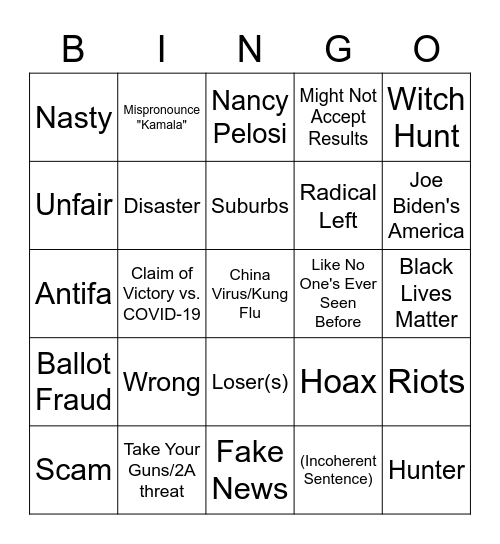 Trump Debate Bingo Card