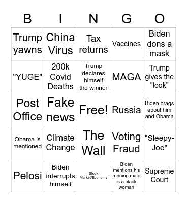 Presidential Debate Bingo Card