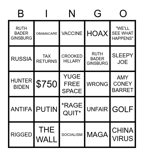 Presidential Debate 2020 Bingo Card