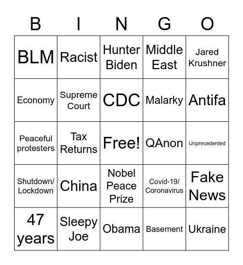 2020 First Presidential Debate Bingo Card