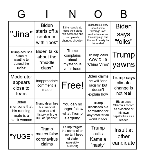 First Presidential Debate 2020 Bingo Card