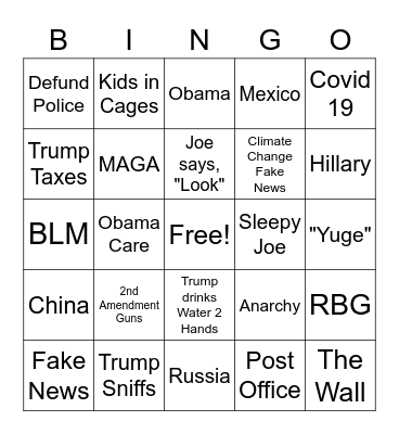 Presidential Debate 2020 Bingo Card