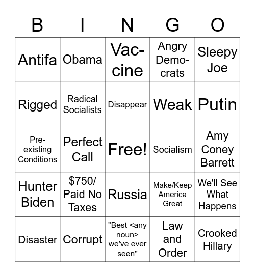 Biden-Trump 2020 Debate 1 Bingo Card