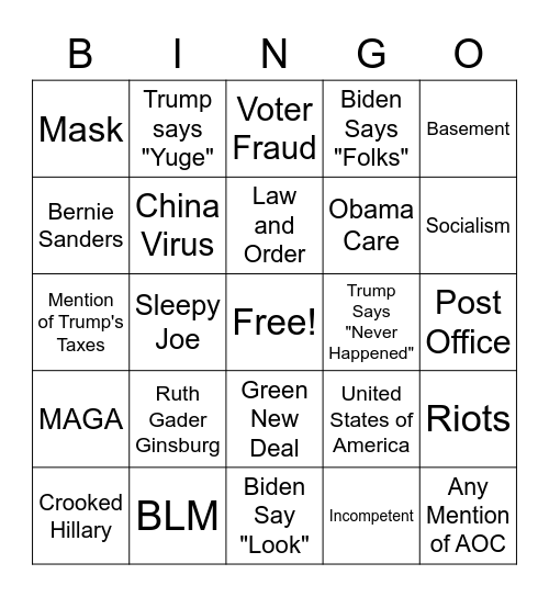 Presidential Debate Bingo Card