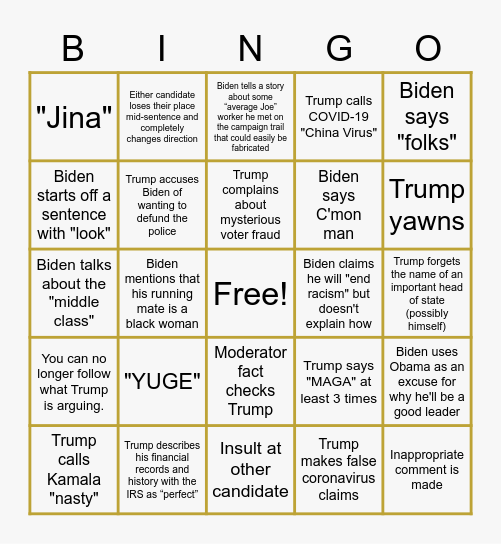 First "Presidential" Debate 2020 Bingo Card