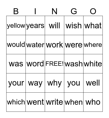 Sight Word Set 12 Bingo Card