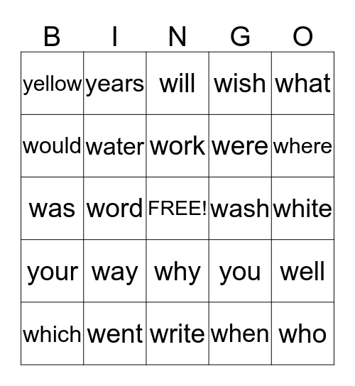 Sight Word Set 12 Bingo Card