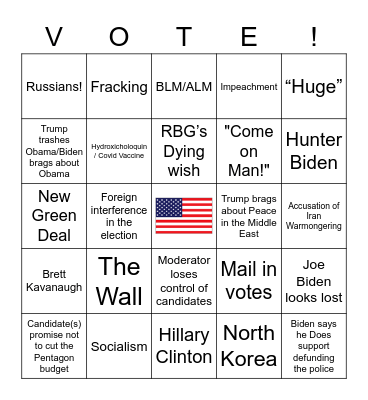 2020 First Presidential Debate BINGO Card 9/29/2020 8 pm Central Bingo Card