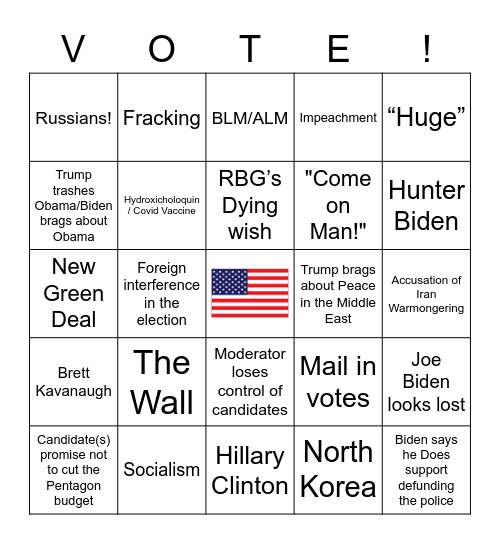 2020 First Presidential Debate BINGO Card 9/29/2020 8 pm Central Bingo Card