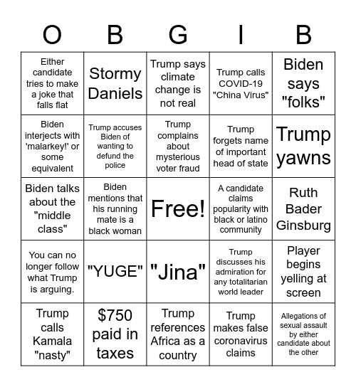 First Presidential Debate 2020 Bingo Card