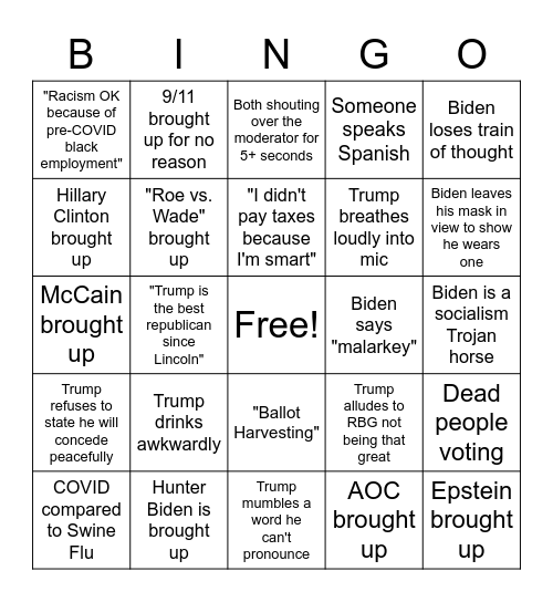 Trump vs. Biden 2020 Bingo Card