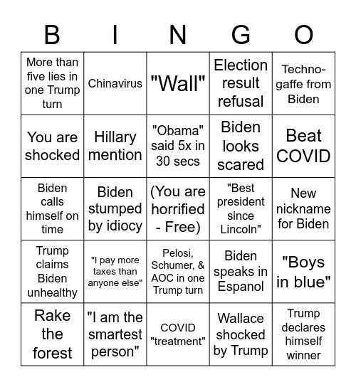 2020 1st Debate to See If We Get to Stay Alive Bingo Card