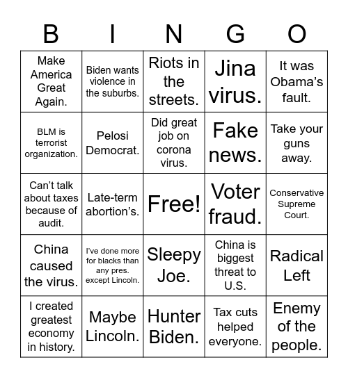 Trump Lies - Debate #1 version Bingo Card