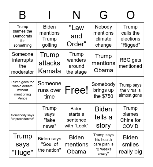 2020 election debate bingo Card