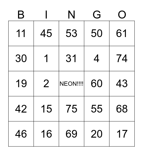 NEON PARTY TYME Bingo Card