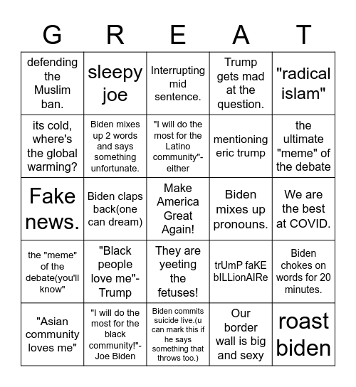 Debate Bingo Card