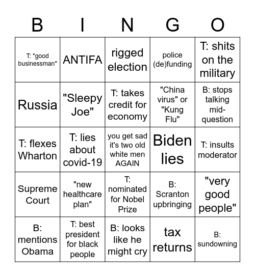 9/29 Presidential Debate Bingo Card