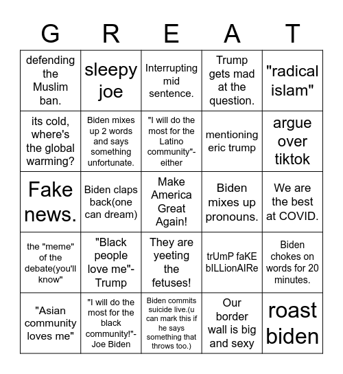 Debate Bingo Card