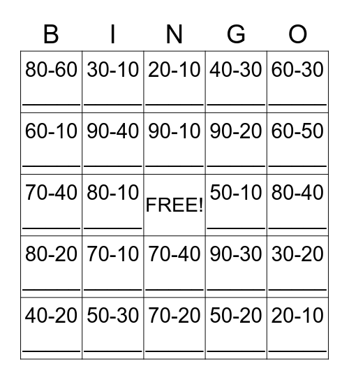 Subtracting Multiples of 10 (Side 4) Bingo Card