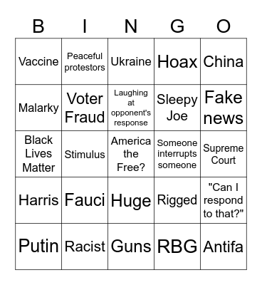 2020 Debate Bingo Card