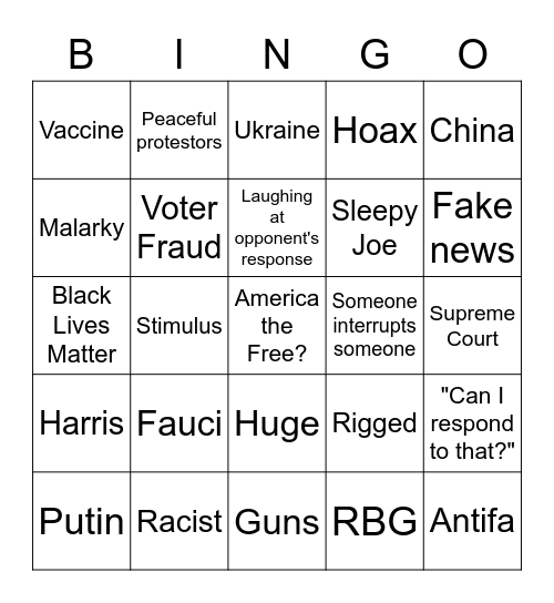 2020 Debate Bingo Card