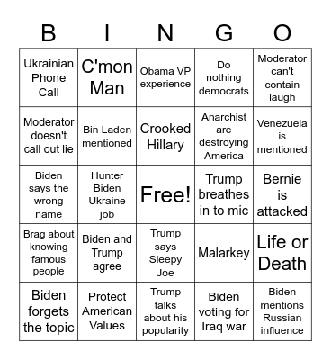 President Trump/Sleepy Joe Debate Bingo Card