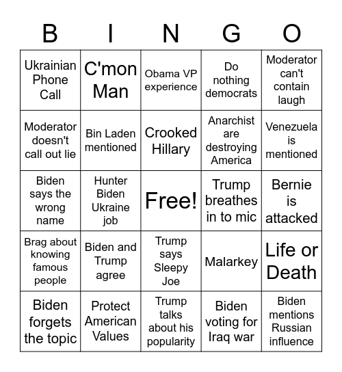 President Trump/Sleepy Joe Debate Bingo Card
