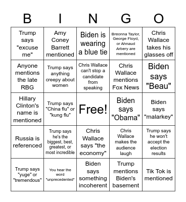 September 2020 Presidential Debate Bingo Card