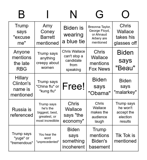September 2020 Presidential Debate Bingo Card
