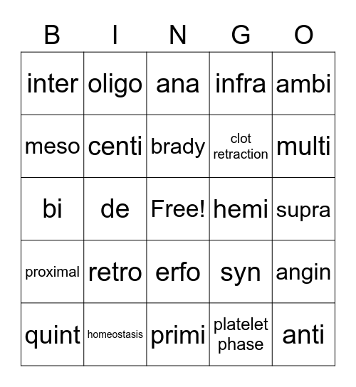 Phlebotomy Med Term/Cardiovascular Bingo Card