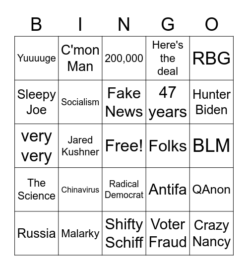 Presidential Debate 2020 Bingo Card