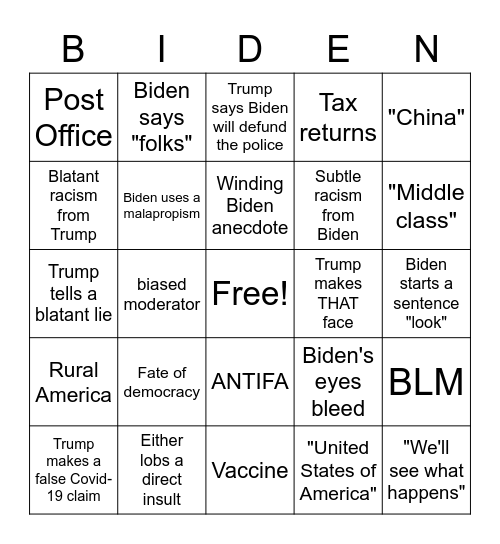1st Presidential Debate Bingo Card