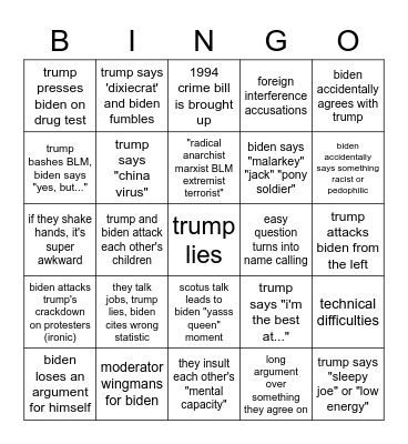 Presidential Debate Bingo Card
