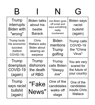 Presidential Drinking Bingo Card