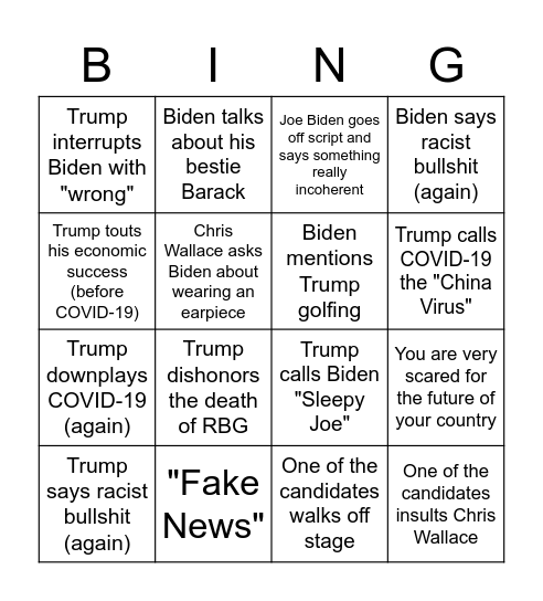 Presidential Drinking Bingo Card