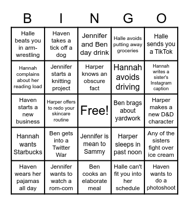 Hunt Family Bingo Card