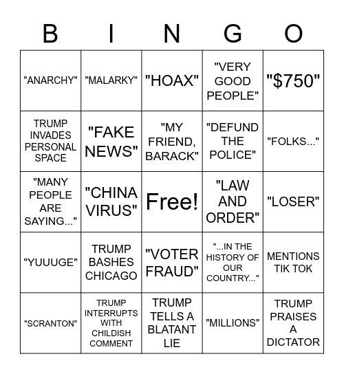 DEBATE 2020 Bingo Card