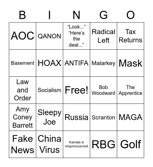 Trump V Biden Bingo Card