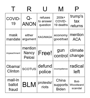 September 2020 debate Bingo Card