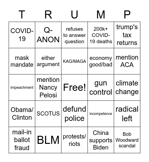 September 2020 debate Bingo Card