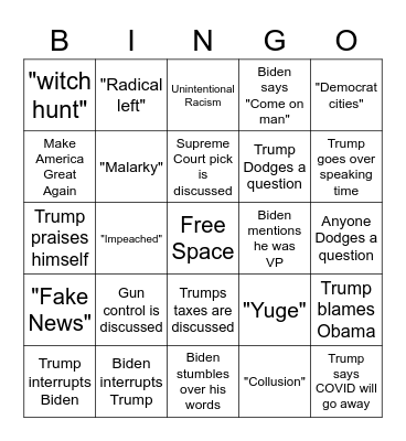 Presidential Debate 2020 Bingo Card