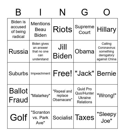 2020 Presidential Debate Bingo Card