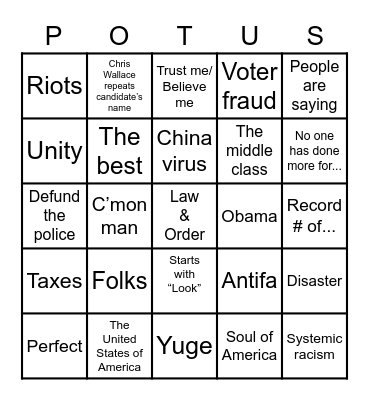 Debate 2020 Bingo Card