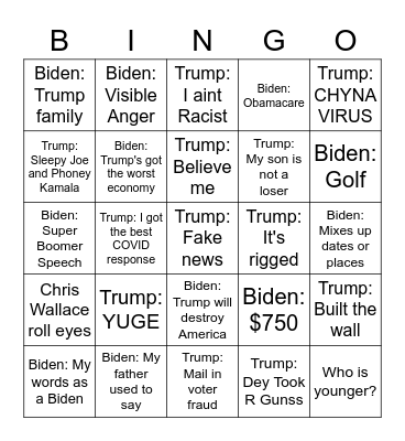 2020 'MURICA Debate Bingo Card