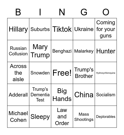 Trump v Biden Sept 2020 Bingo Card