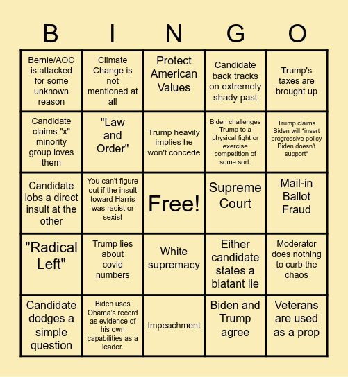 2020 Presidential Debate Bingo Card