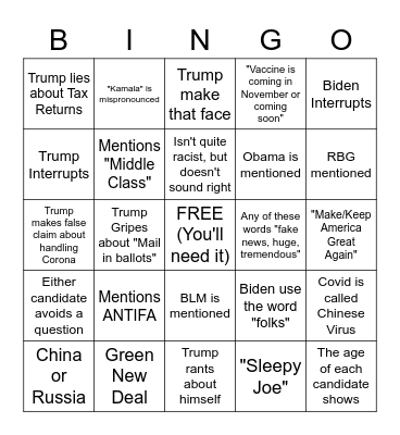 Presidential Debate Bingo Card