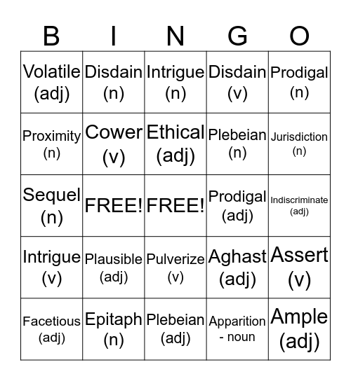 Vocab Unit 5 Bingo Card